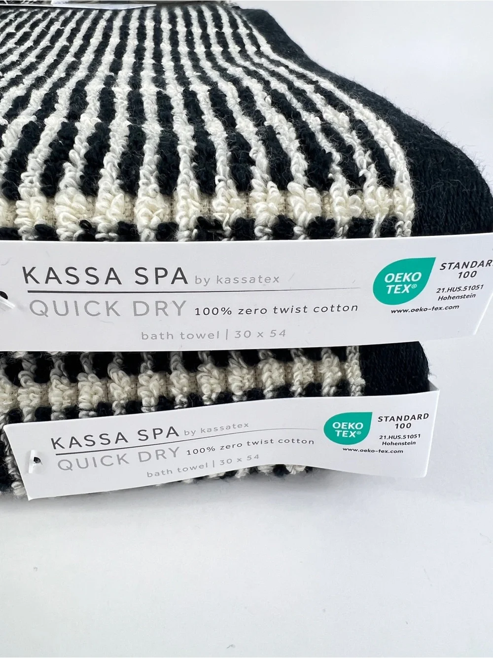 Kassa Spa Bath Towel Set Black and Cream Stripes Quick-Dry Soft Cotton 2 Pc NEW